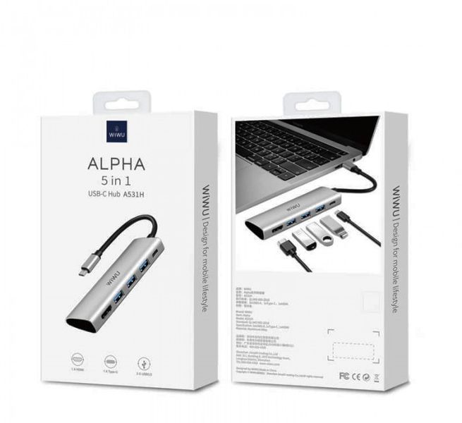 Адаптер WiWU Alpha A531H 5 in 1 USB-C to 3xUSB3.0+1xType-C+1xHDMI USB-C Hub Grey 47 фото
